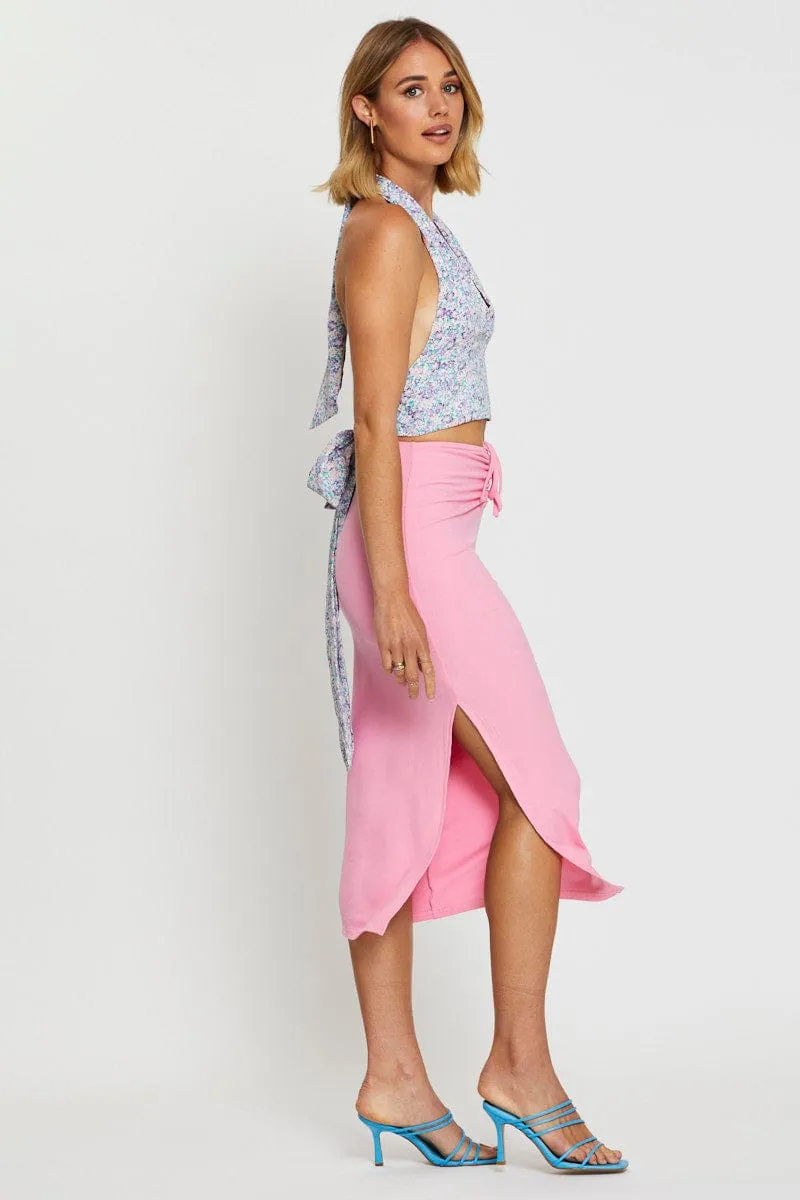 Pink Rib Jersey Side Slit Pencil Midi Skirt