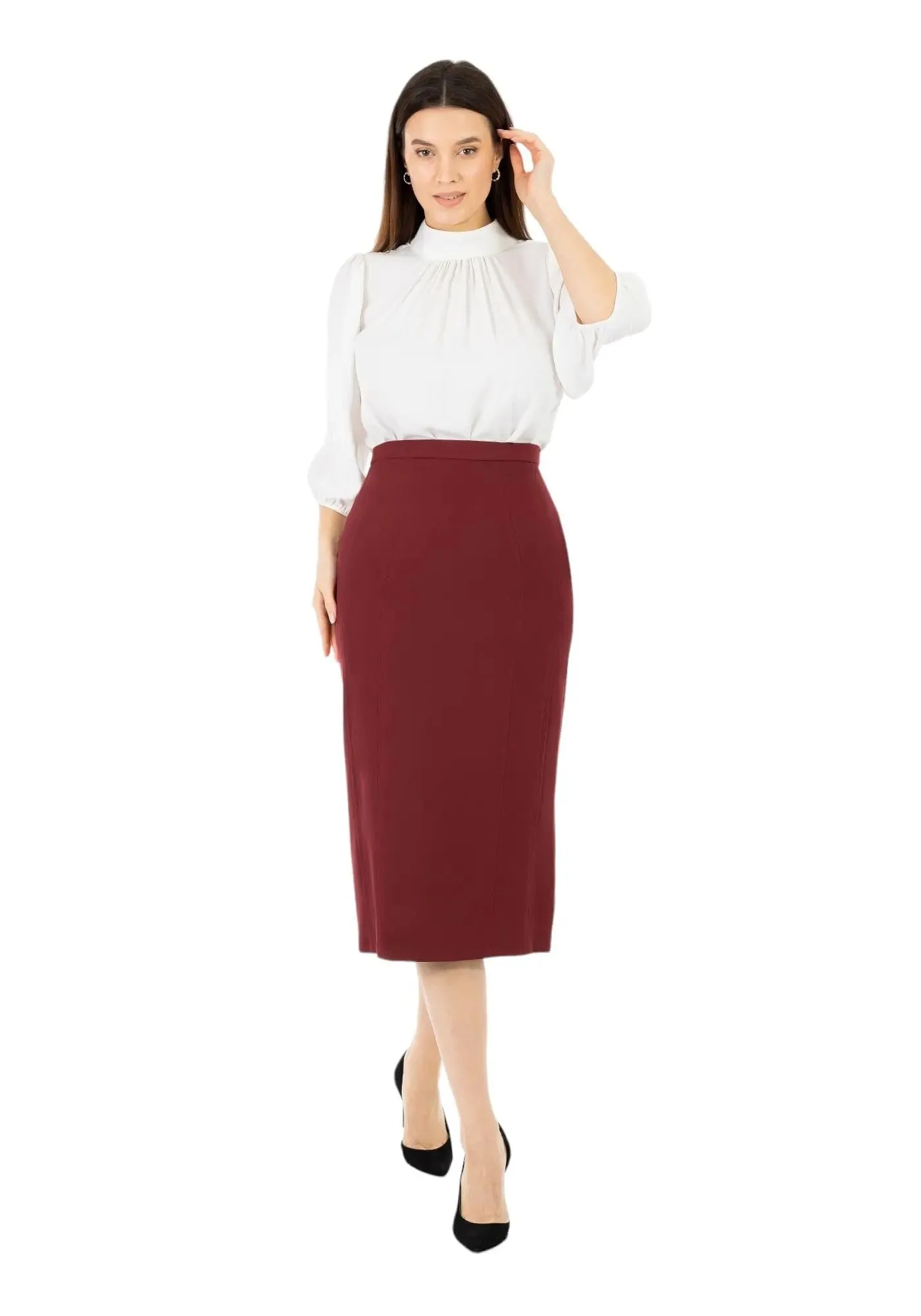 Plus and Regular Size Classic Pencil Midi Skirt with Back Slit