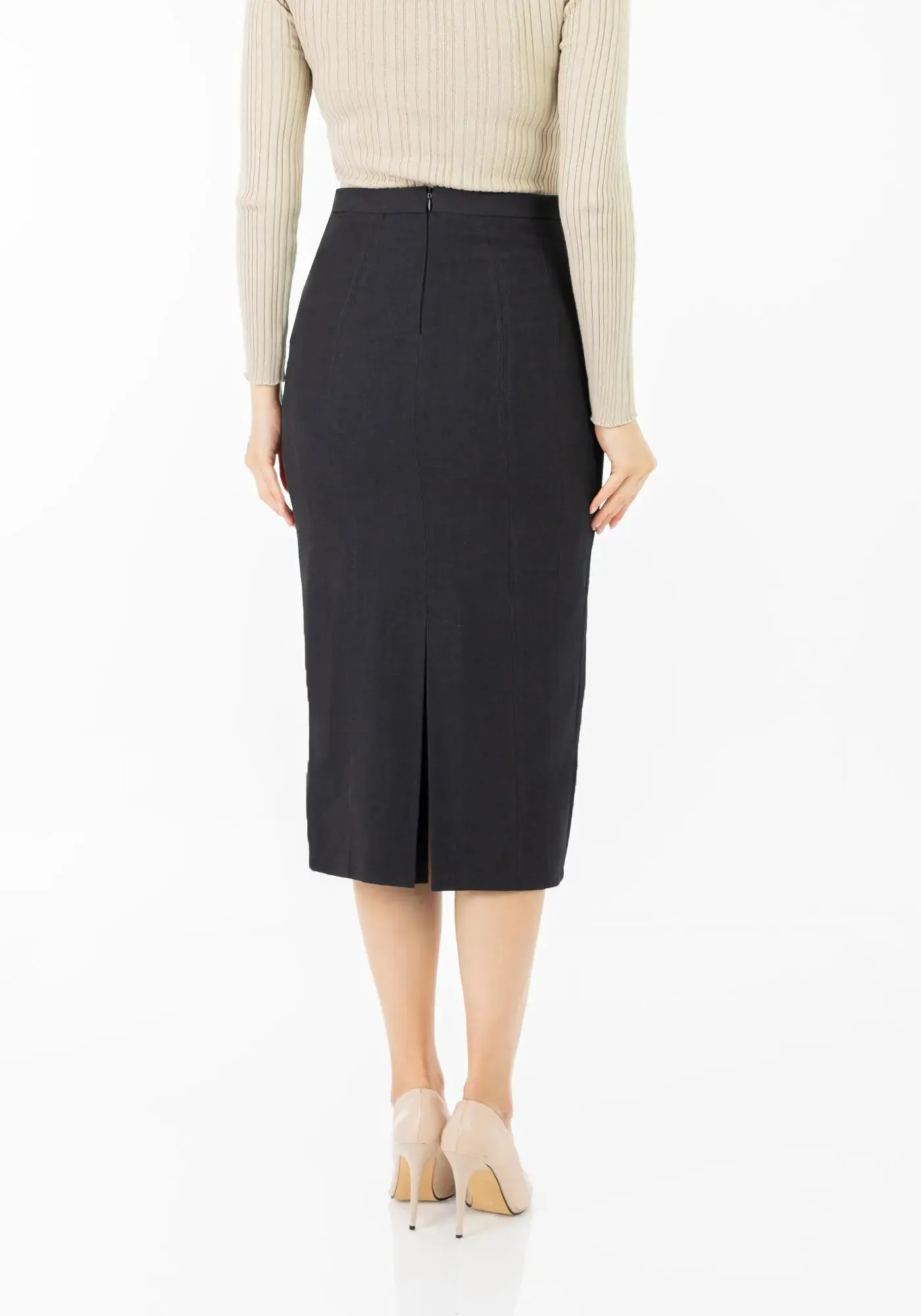 Plus and Regular Size Classic Pencil Midi Skirt with Back Slit