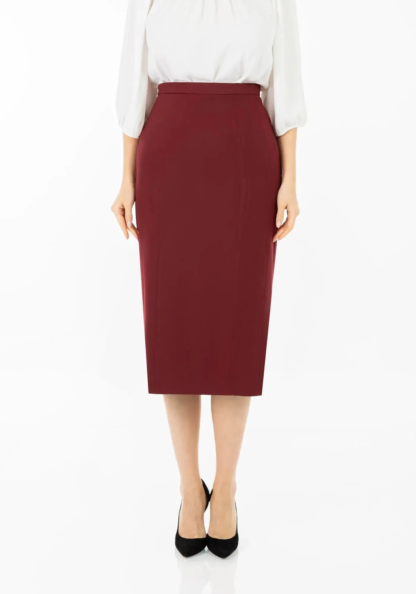 Plus and Regular Size Classic Pencil Midi Skirt with Back Slit