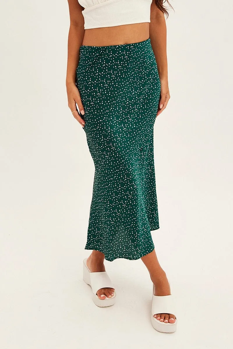 Polka Dot Print Satin Slip Midi Skirt