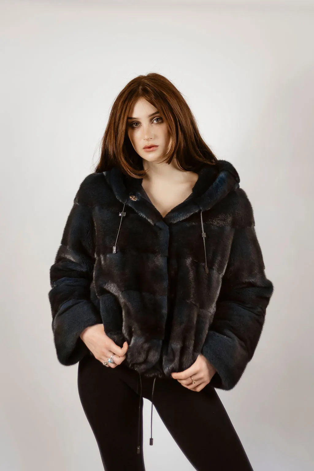 "Stellar Blue" mink reversible to down-filled puffer jacket