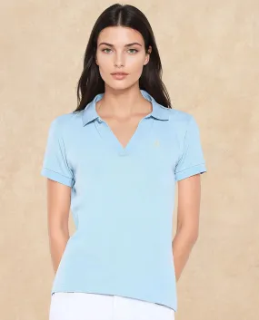 Rareism Women Van Blue Cotton Lycra Fabric Short Sleeve Polo Collar Plain Polo