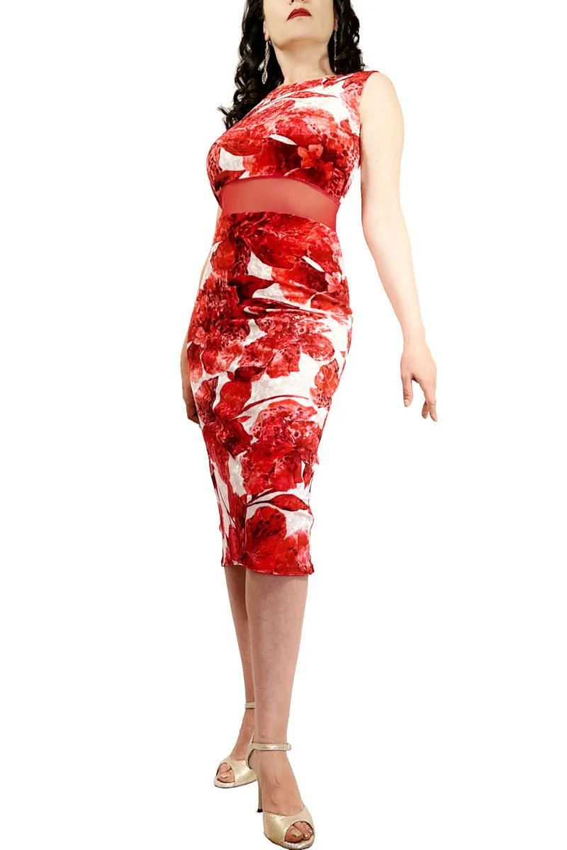 red flower velvet tango dress with mesh waistband