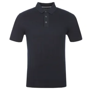 Remus Uomo Vertical Lines 3 button Knitted Polo Shirt in Navy