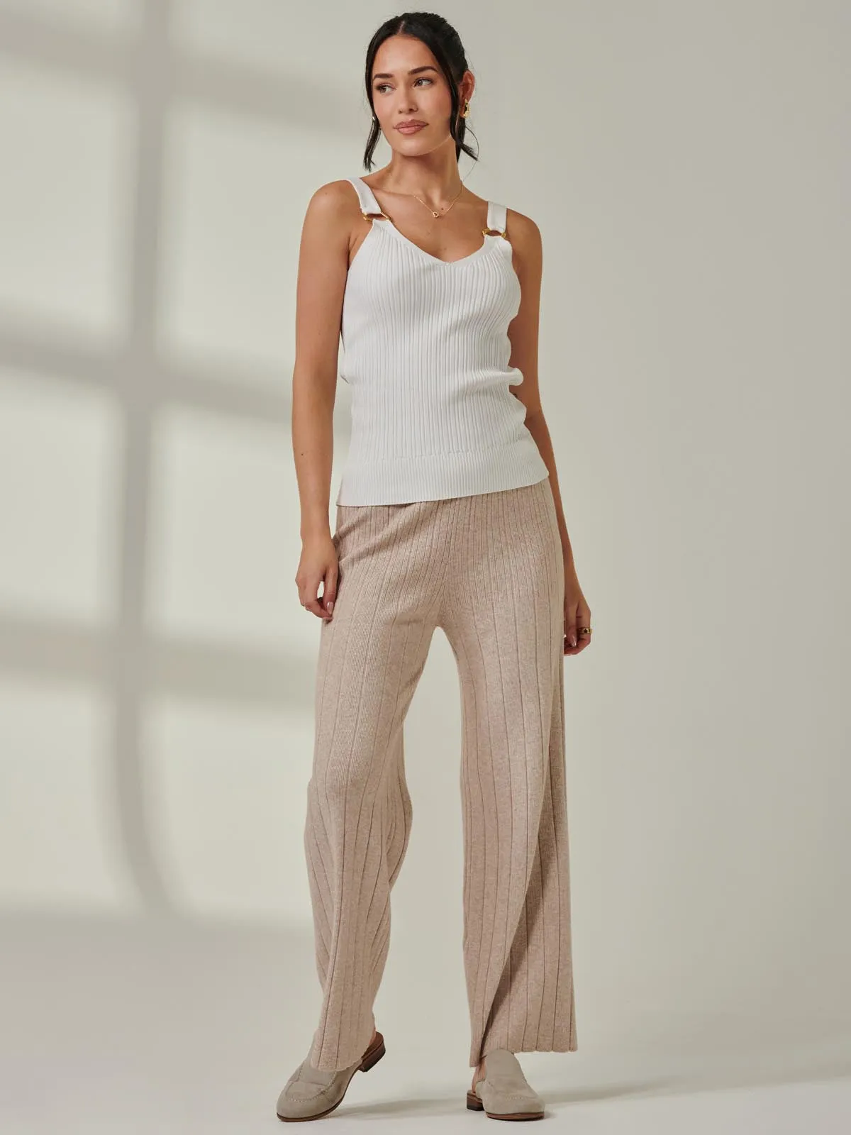 Ribbed Knit Wide Leg Trousers, Mink Heather