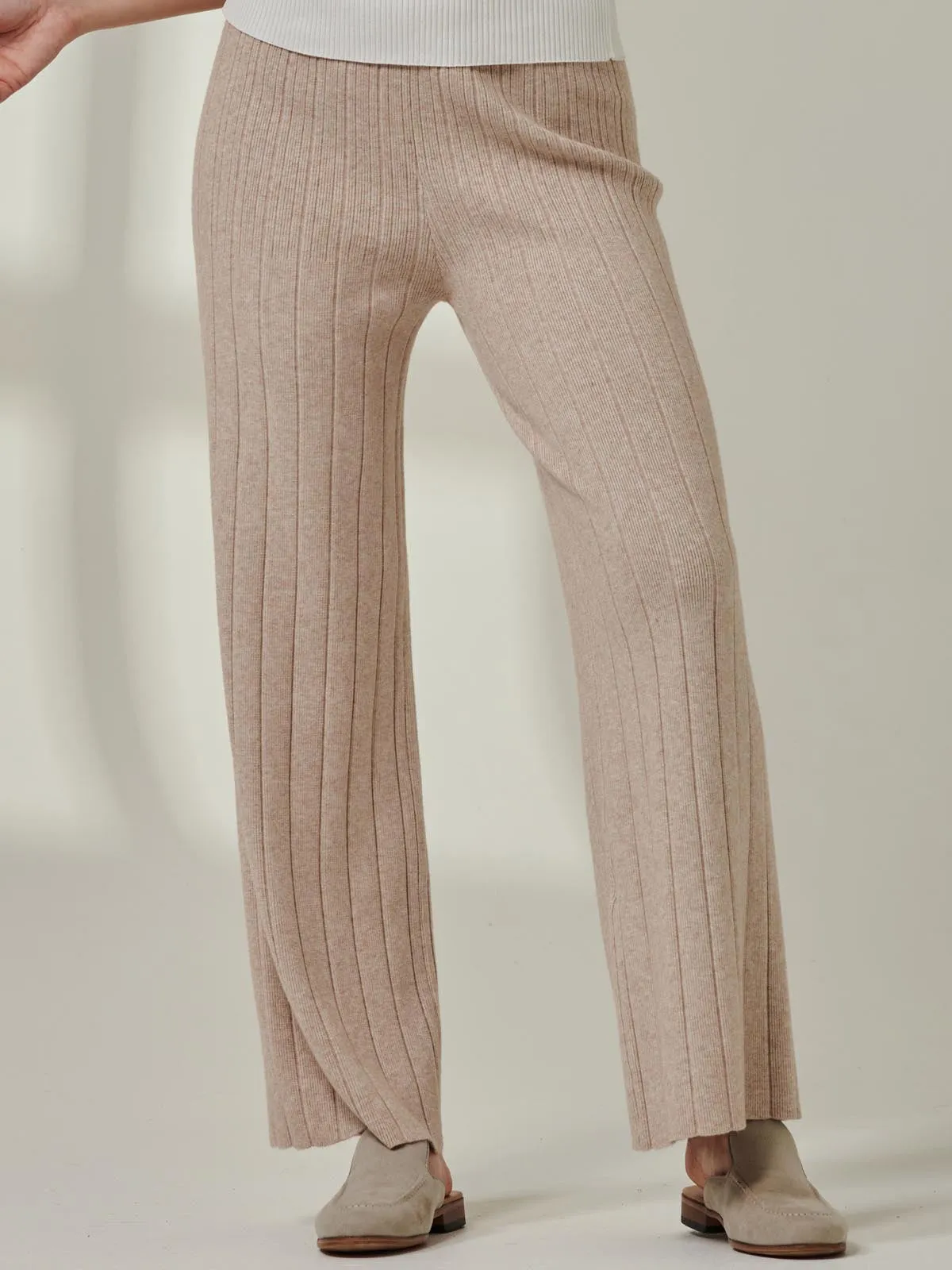 Ribbed Knit Wide Leg Trousers, Mink Heather