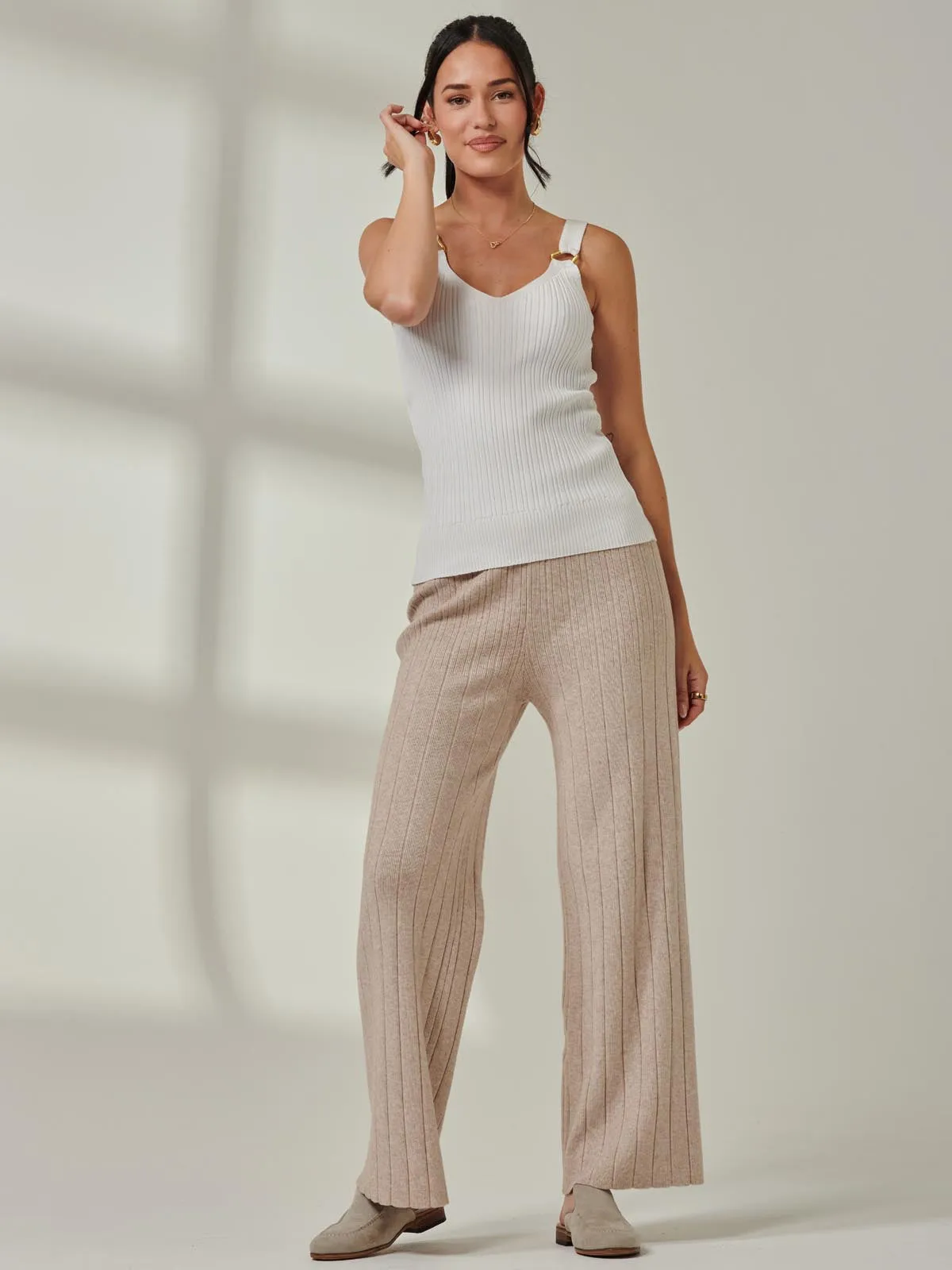 Ribbed Knit Wide Leg Trousers, Mink Heather