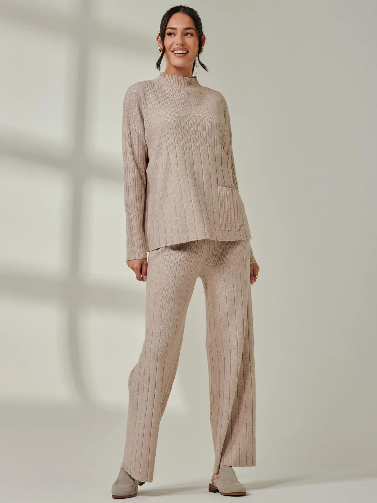 Ribbed Knit Wide Leg Trousers, Mink Heather