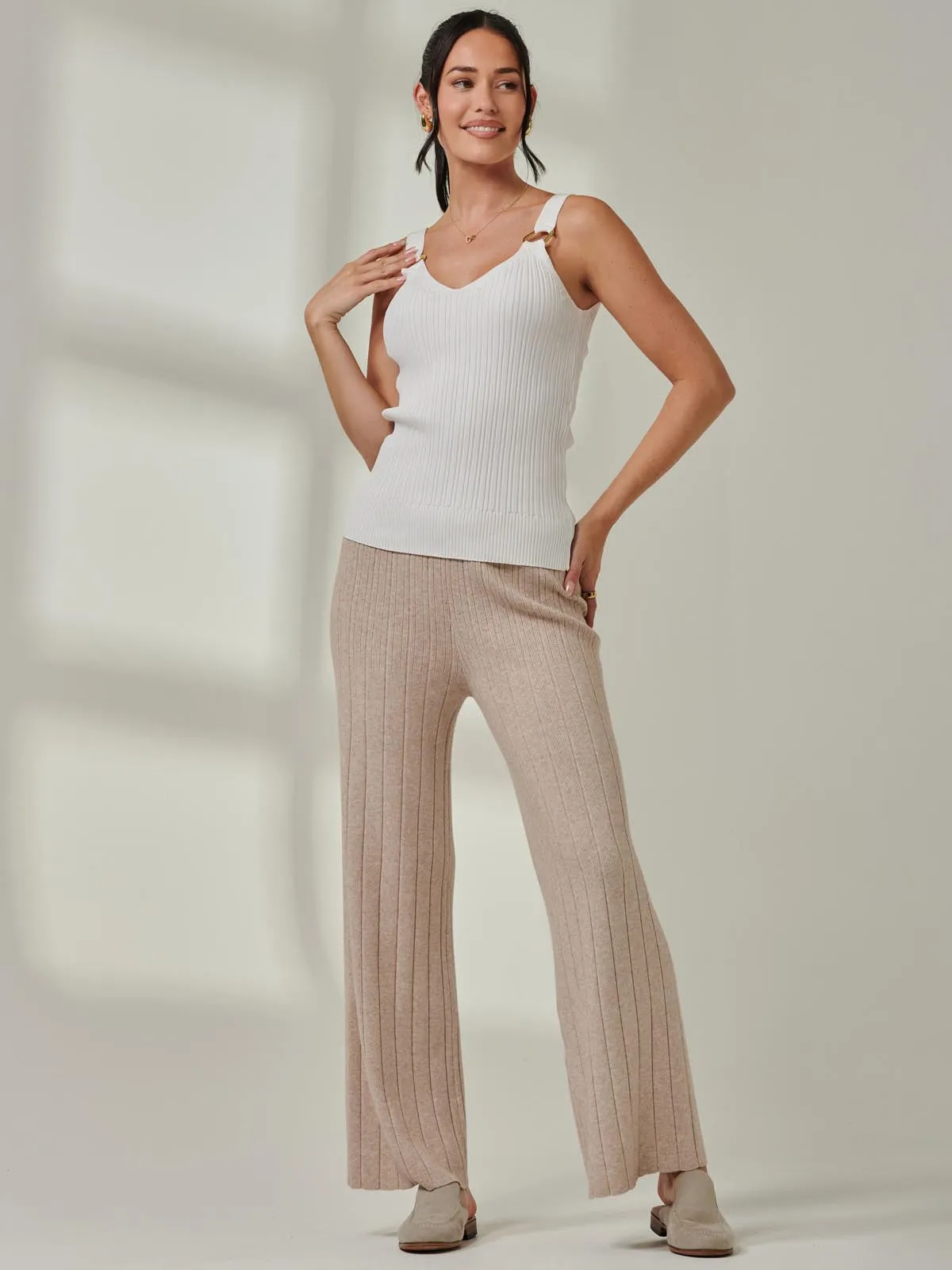 Ribbed Knit Wide Leg Trousers, Mink Heather