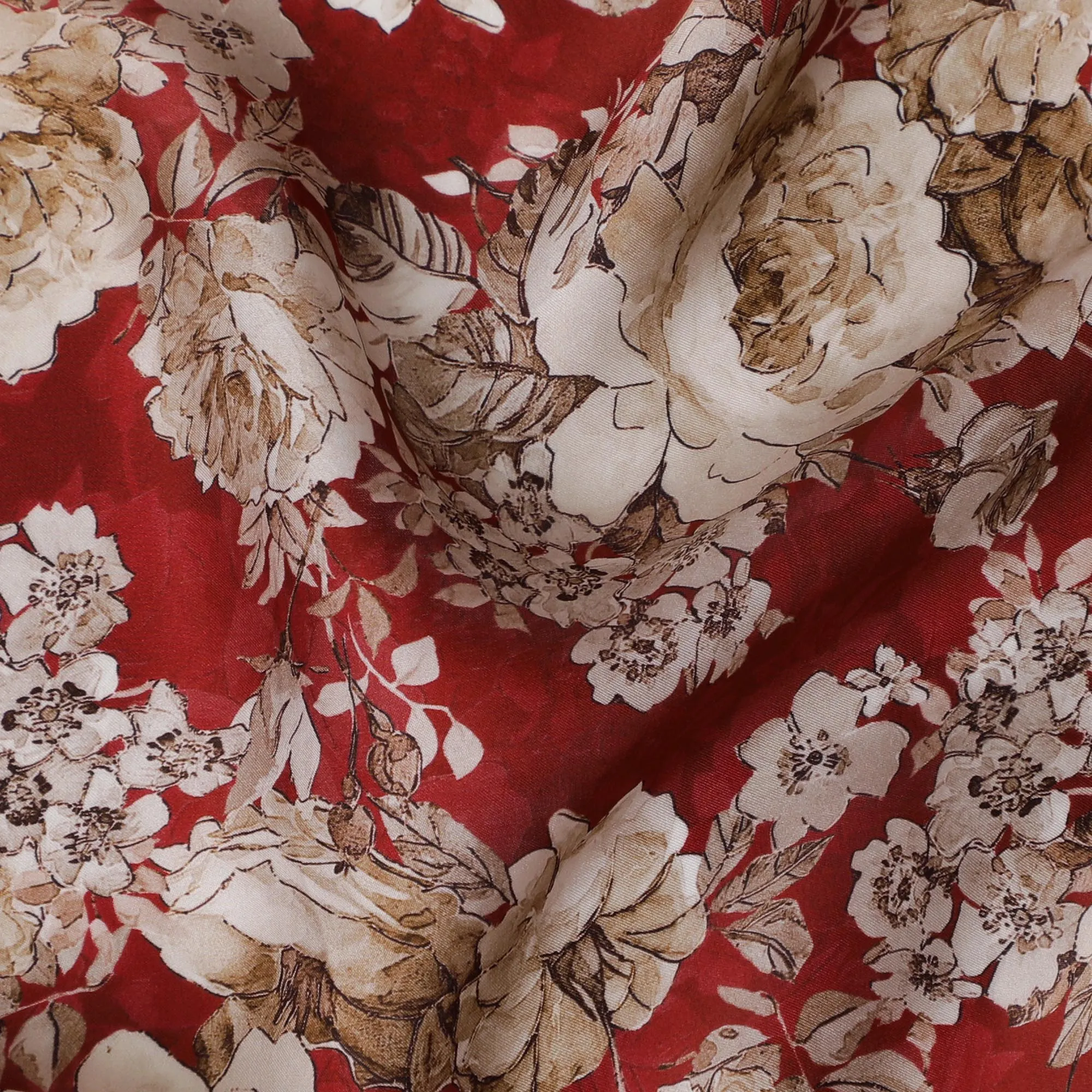 Rich Crimson Red Floral Modal Satin Fabric - 110 cm Width, Soft Elegant Material from India-D19221