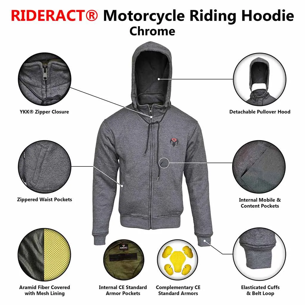 RIDERACT® Mens Motorbike Hoodie Chrome Reinforced with Aramid Fiber