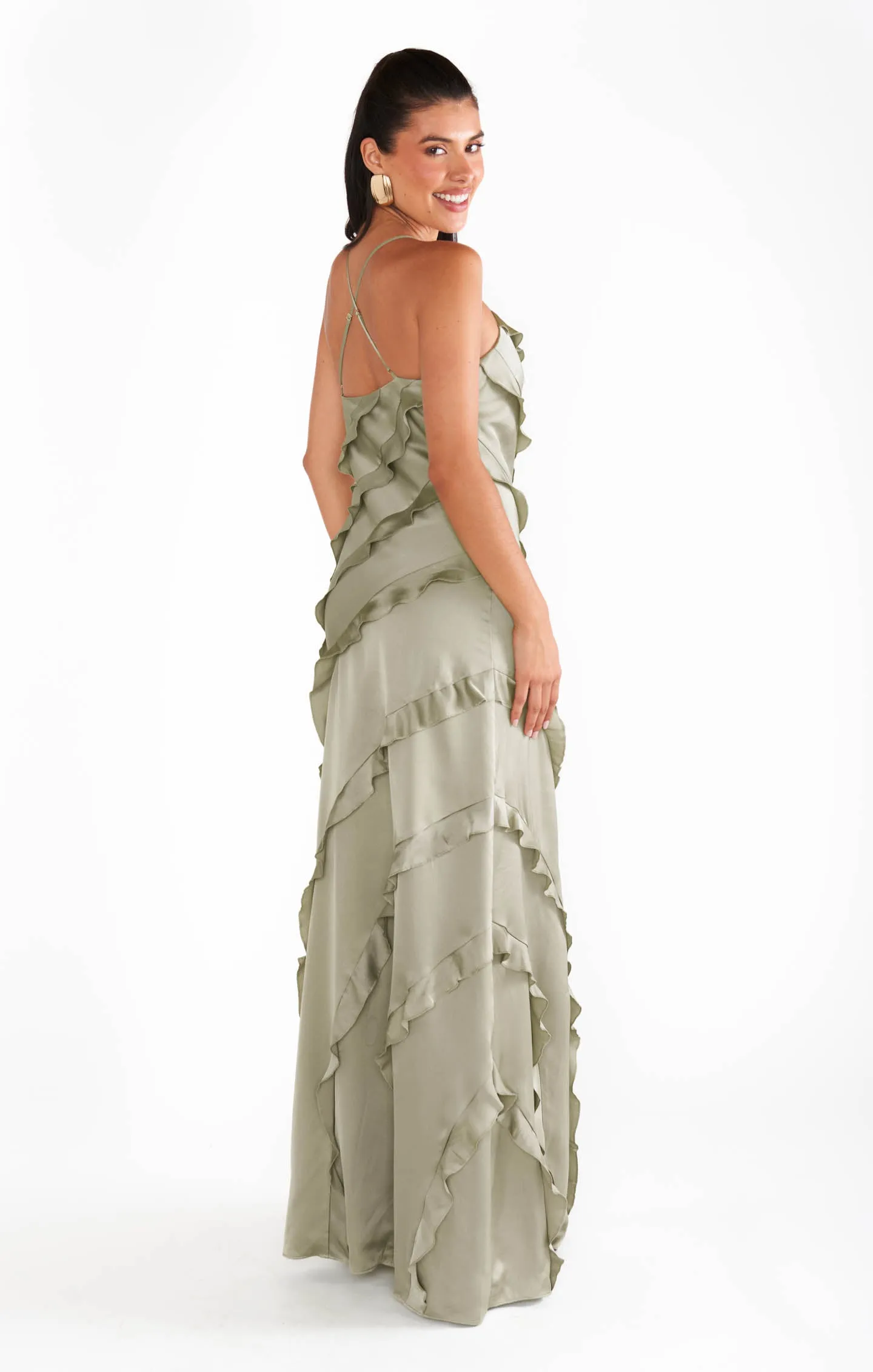 Romance Ruffle Dress ~ Moss Green Luxe Satin