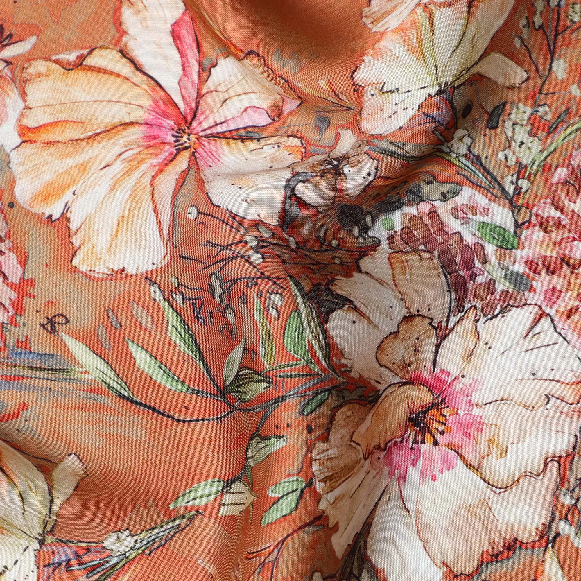 Rusty Orange Synthetic Modal Satin Fabric with White Floral Print, 110 cm Width-D20957