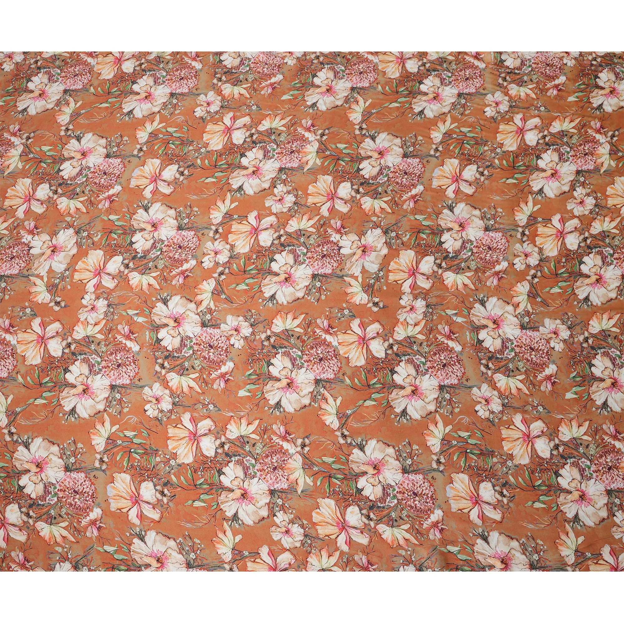 Rusty Orange Synthetic Modal Satin Fabric with White Floral Print, 110 cm Width-D20957