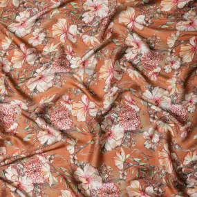 Rusty Orange Synthetic Modal Satin Fabric with White Floral Print, 110 cm Width-D20957