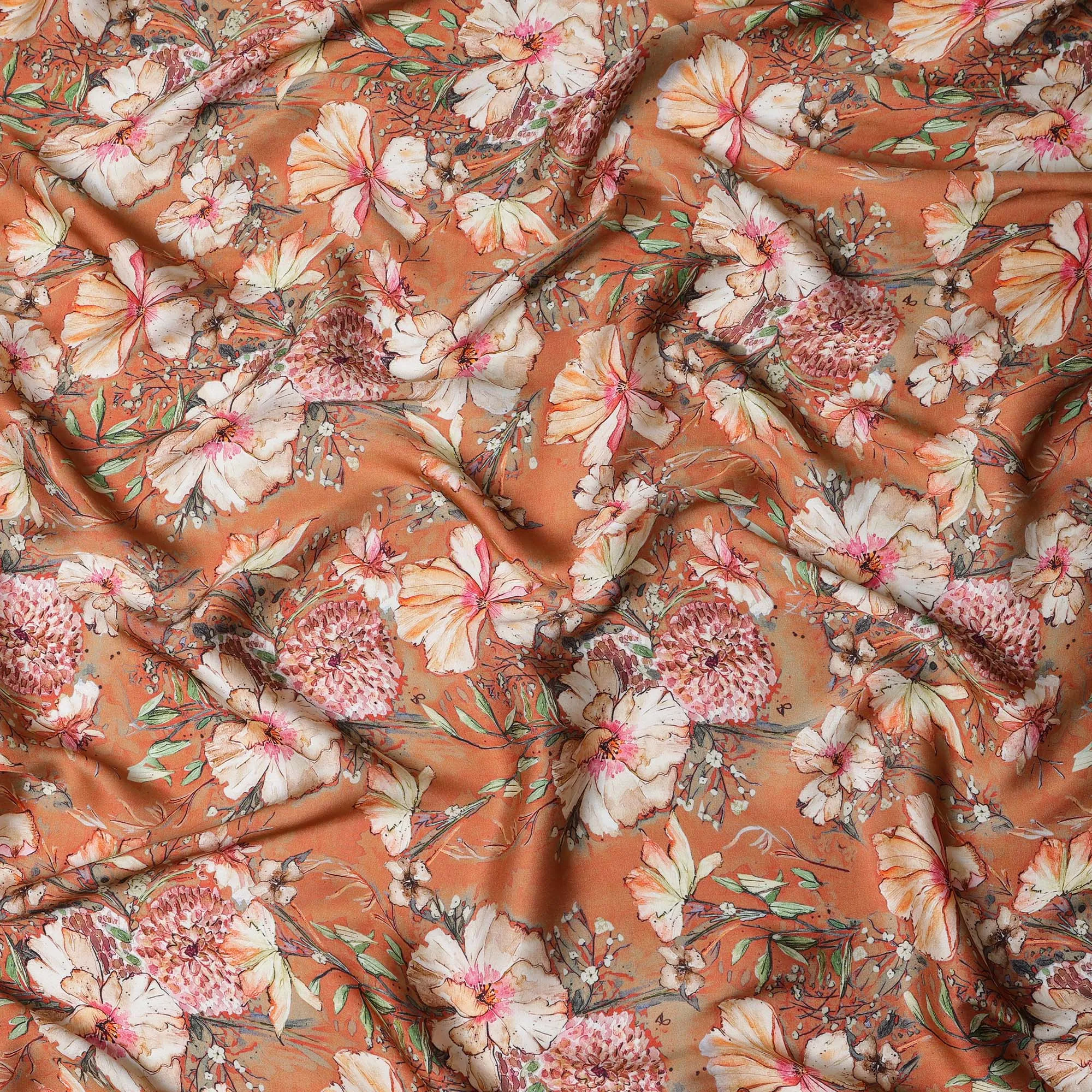 Rusty Orange Synthetic Modal Satin Fabric with White Floral Print, 110 cm Width-D20957