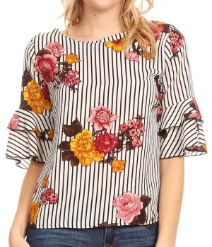 Sakkas Akila  Women 3/4 Sleeve Floral Print Round Neck Low back Blouse Top Casual