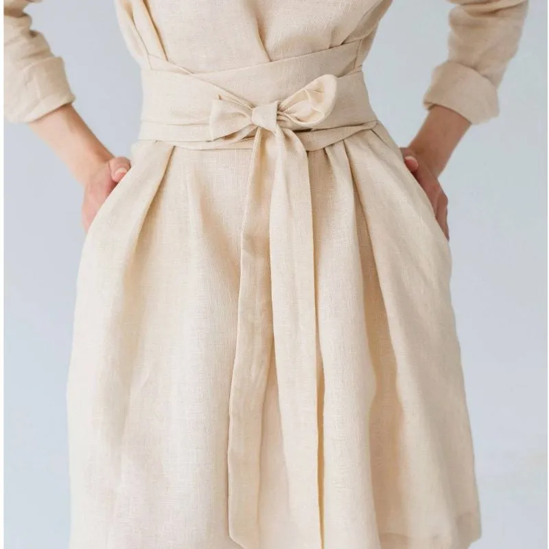 Sandy Peach Drawstring 100% Linen Womens Dress