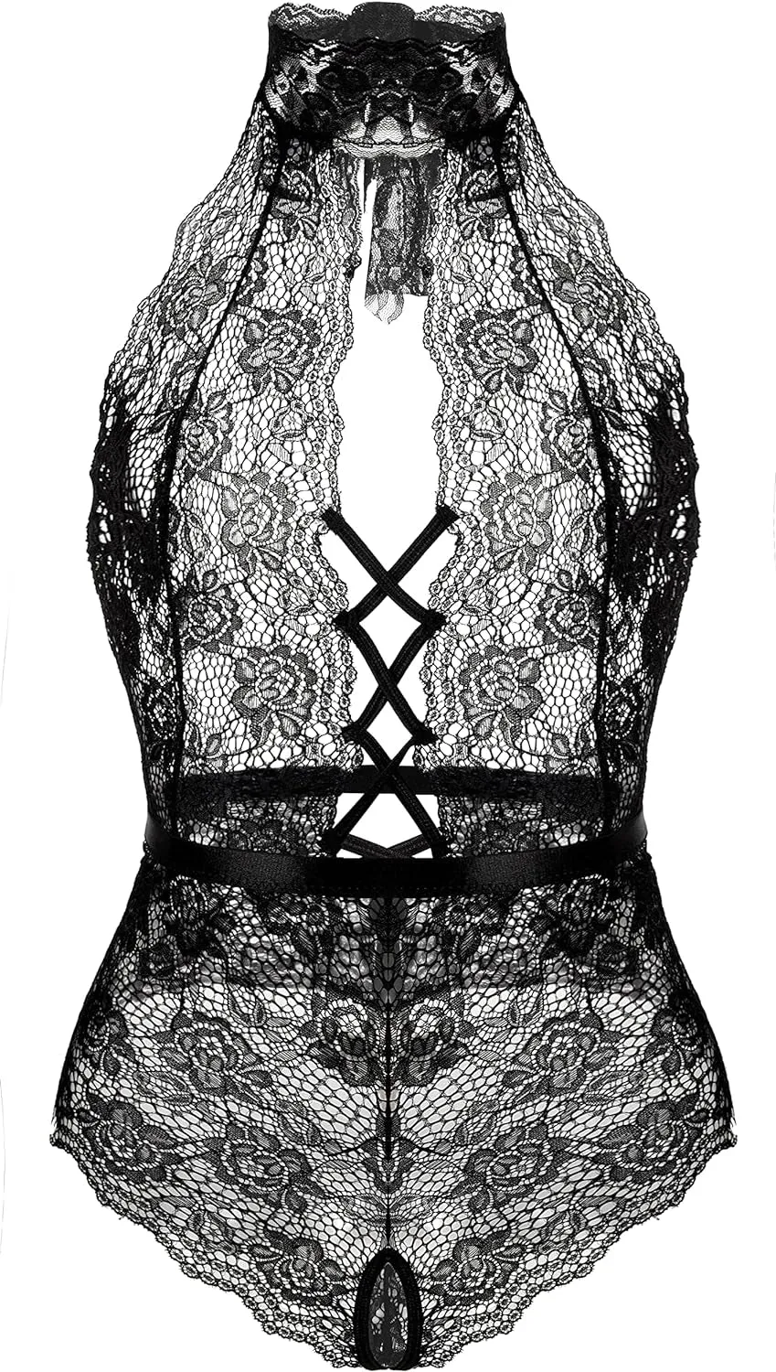 Sexy Lace Deep V Neck Bodysuit Teddy Lingerie - Black