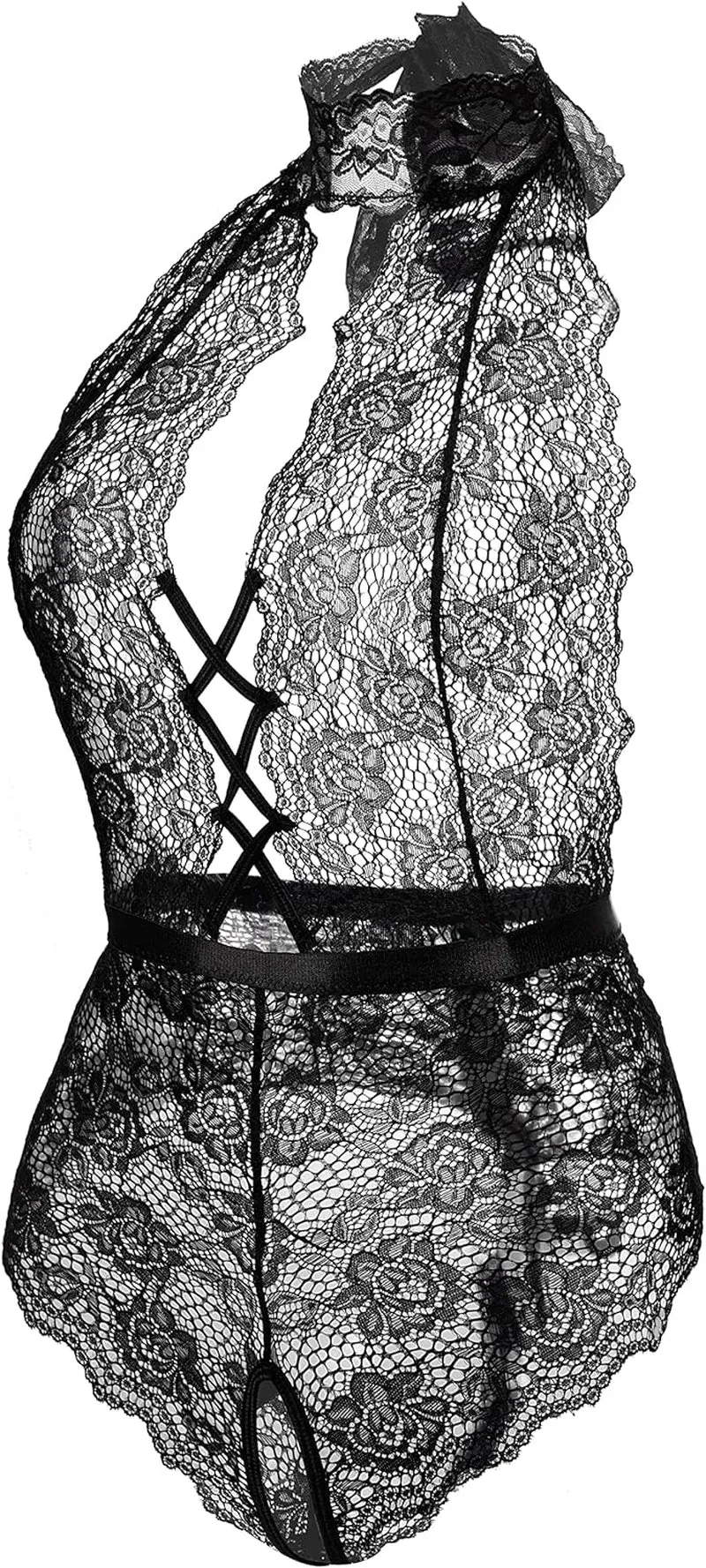 Sexy Lace Deep V Neck Bodysuit Teddy Lingerie - Black