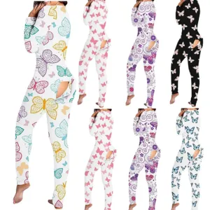 Sexy Print Women's Onesies Sleep Jumpsuit Long Sleeve  Deep V Neck Bodycon Pajamas Jumpsuit Rompers Sleepwear