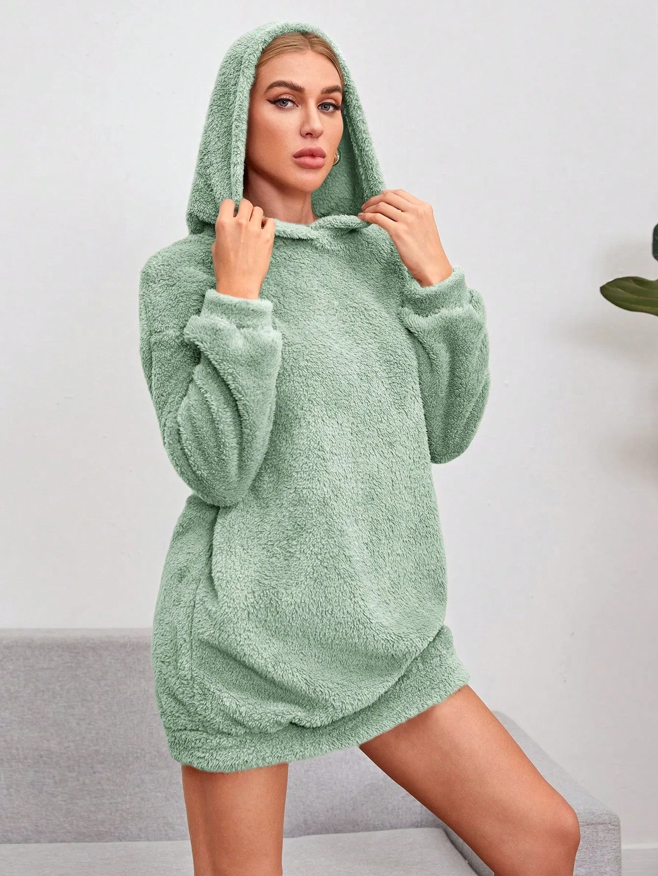 Shoulder Hooded Teddy Sweatshirt Dress