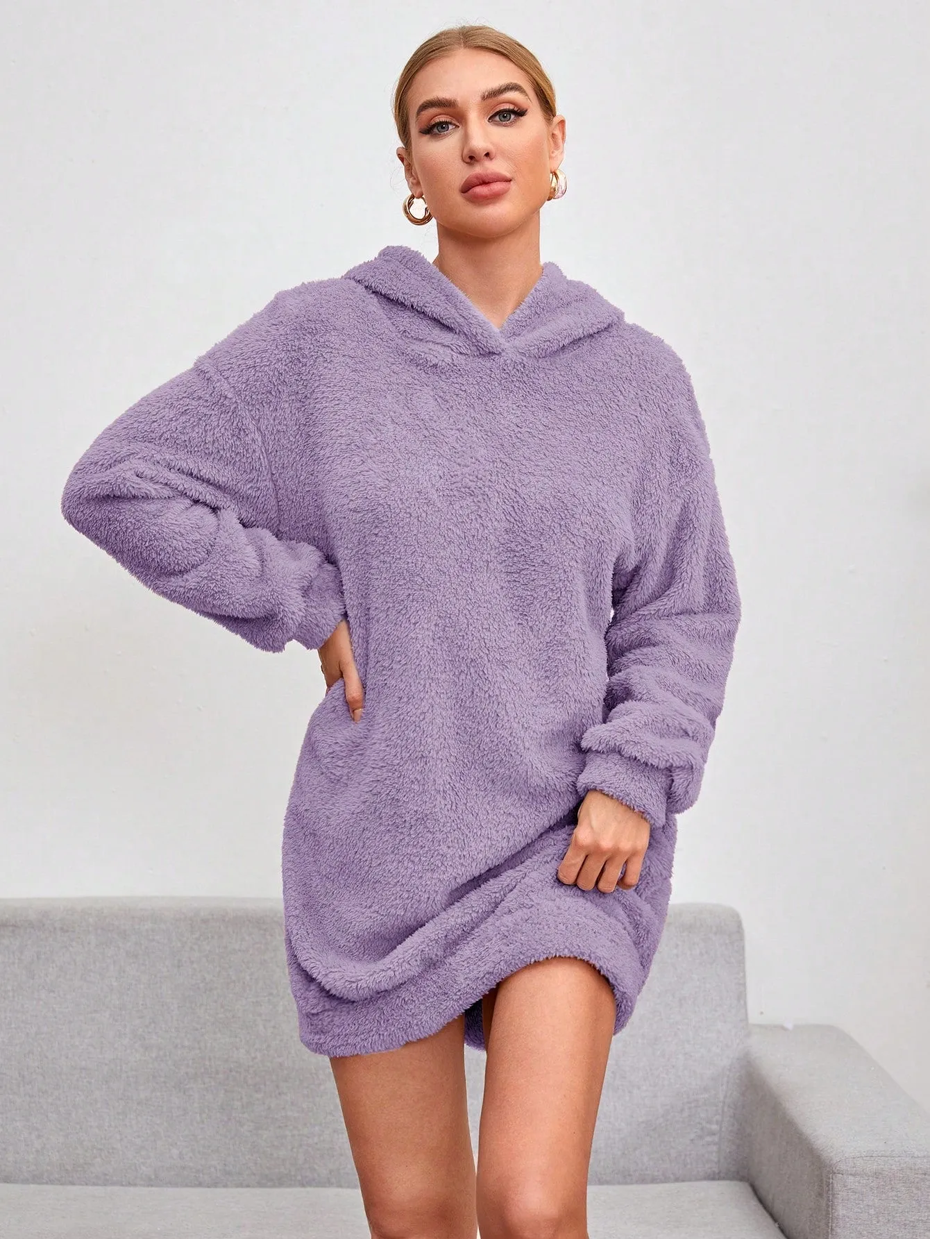 Shoulder Hooded Teddy Sweatshirt Dress