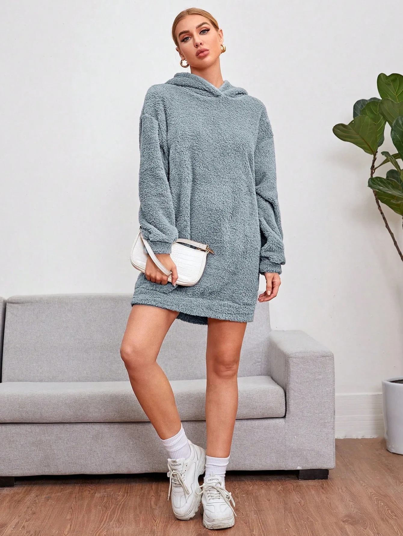 Shoulder Hooded Teddy Sweatshirt Dress