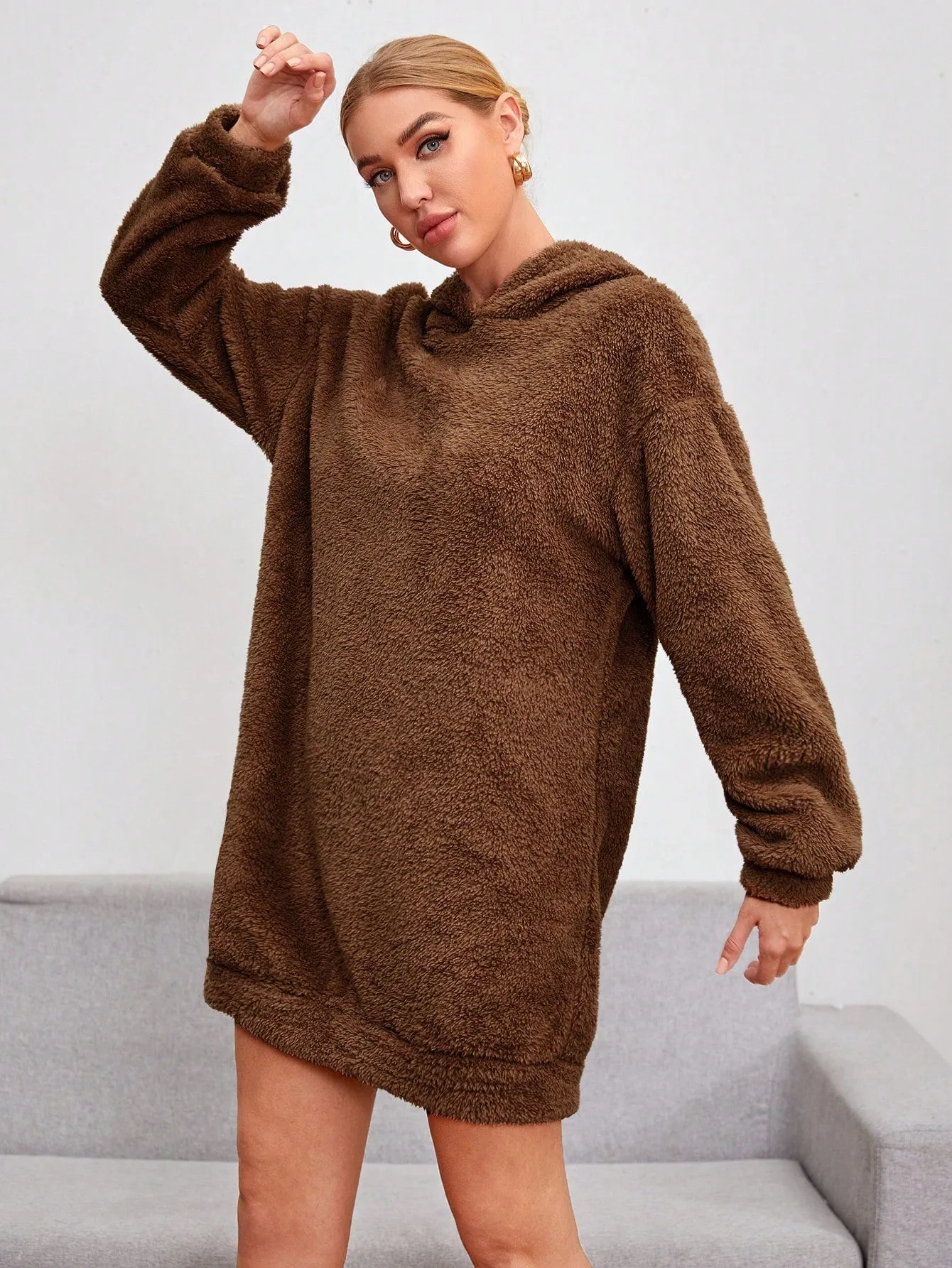 Shoulder Hooded Teddy Sweatshirt Dress