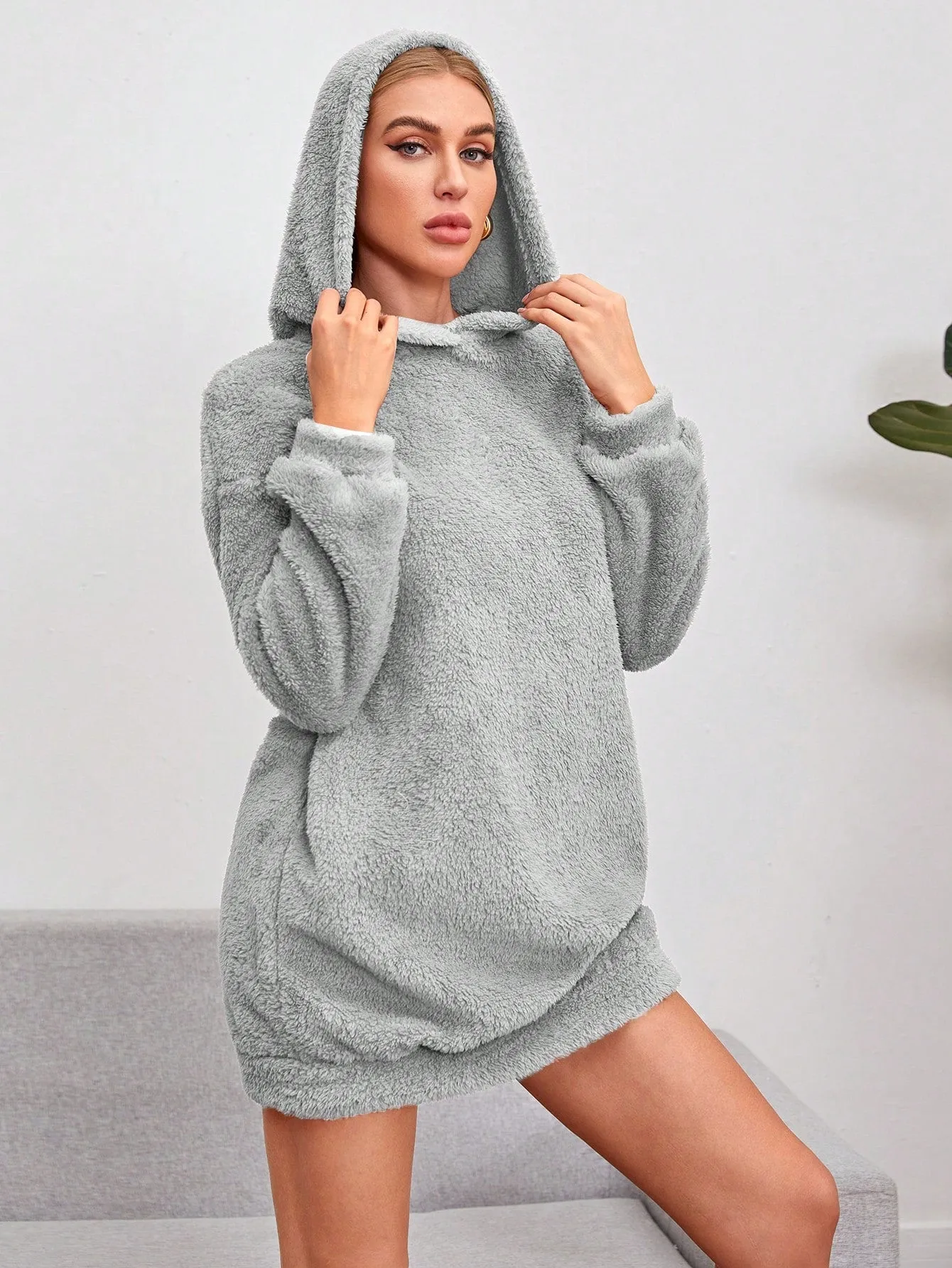 Shoulder Hooded Teddy Sweatshirt Dress