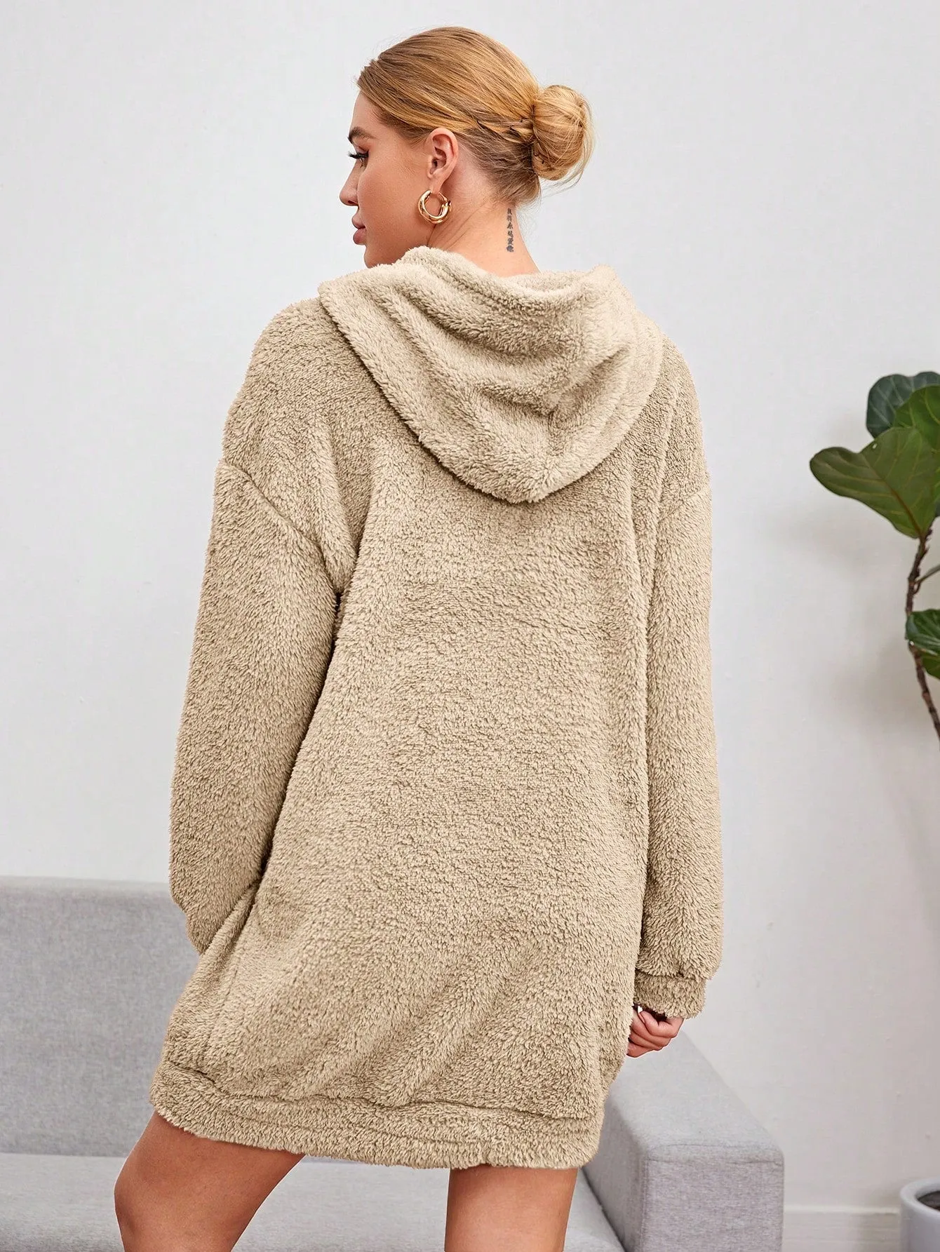 Shoulder Hooded Teddy Sweatshirt Dress