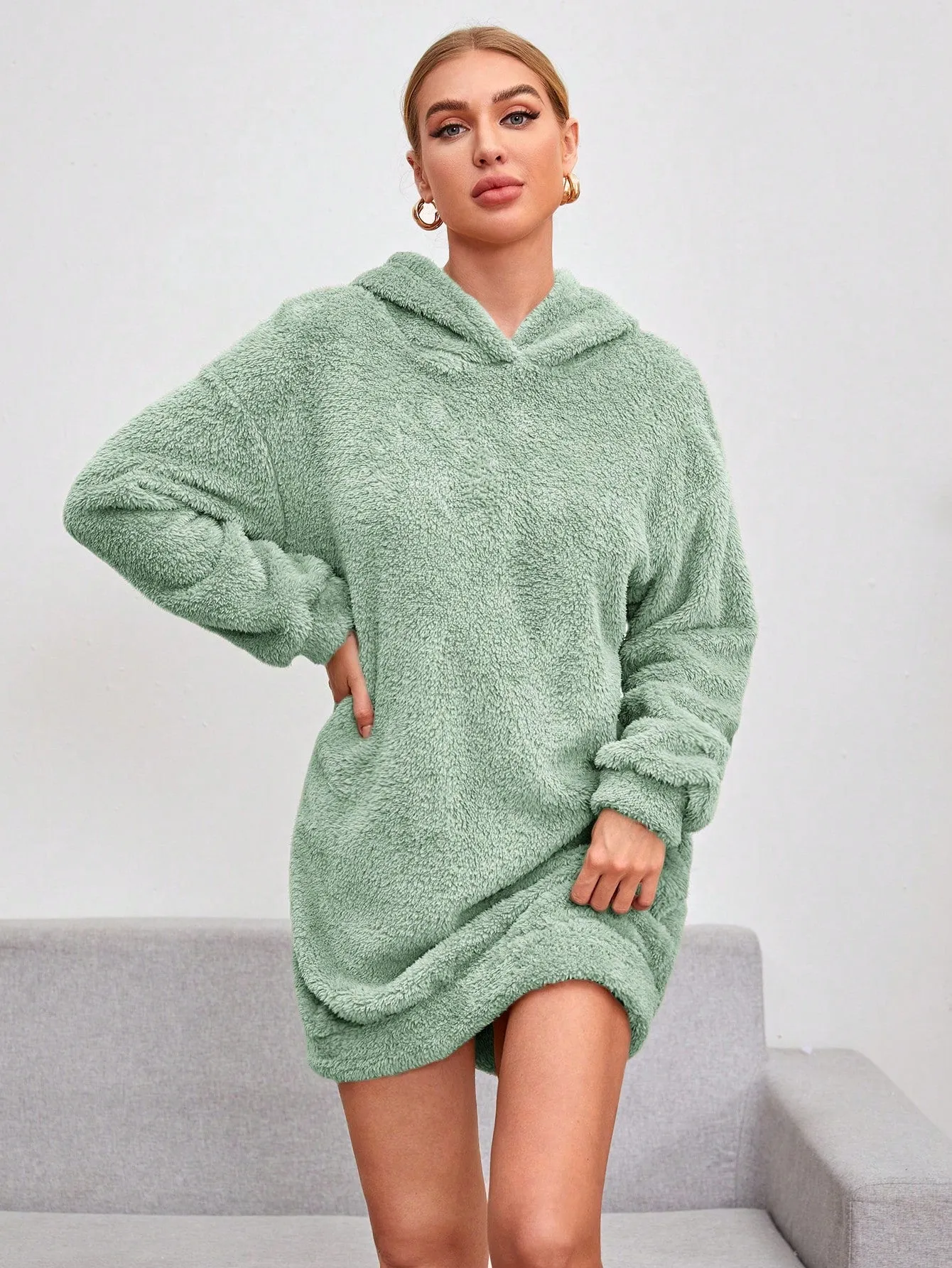 Shoulder Hooded Teddy Sweatshirt Dress