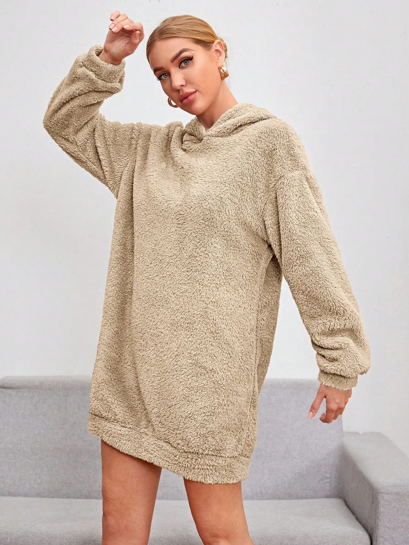 Shoulder Hooded Teddy Sweatshirt Dress