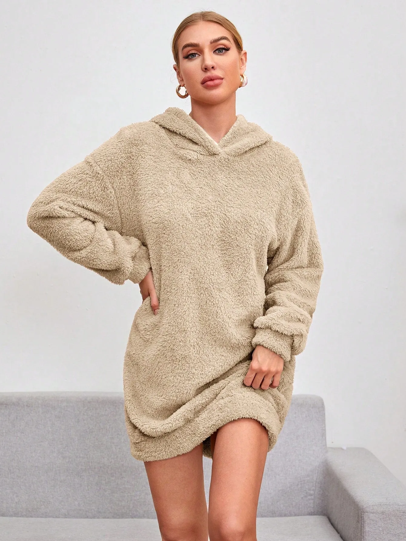 Shoulder Hooded Teddy Sweatshirt Dress