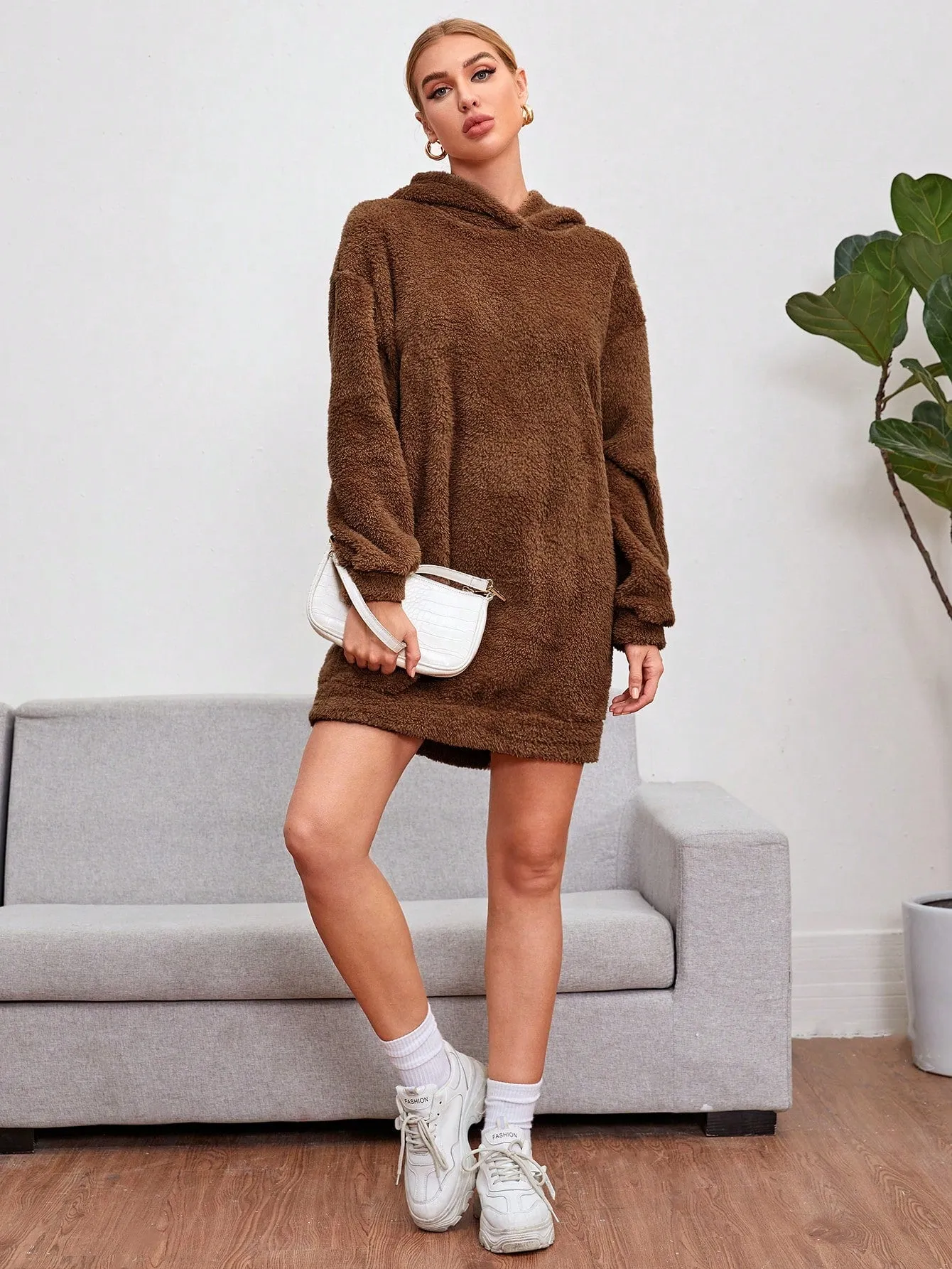 Shoulder Hooded Teddy Sweatshirt Dress