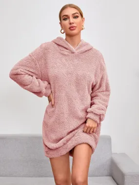 Shoulder Hooded Teddy Sweatshirt Dress