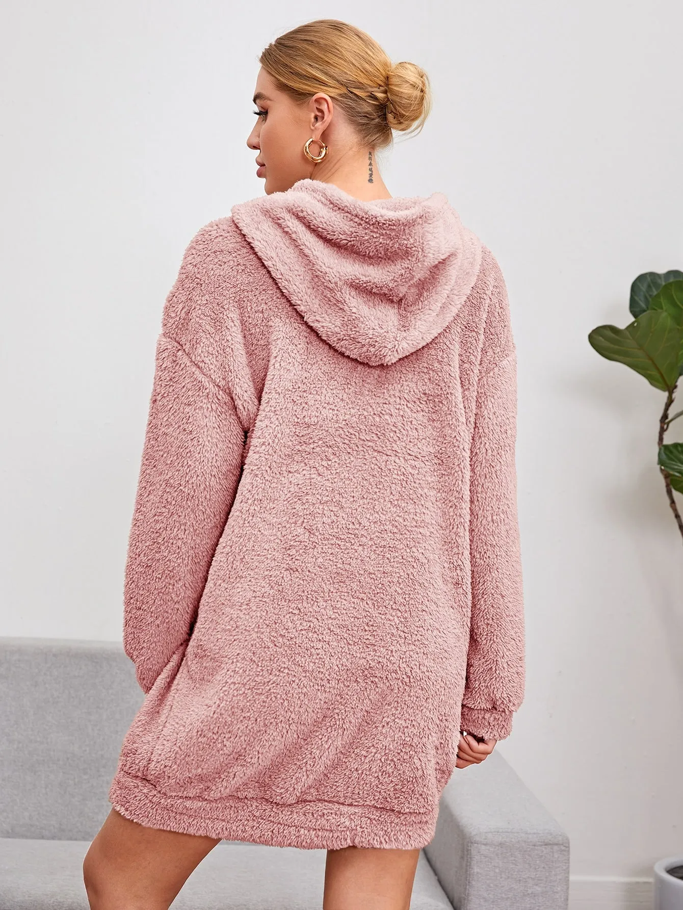 Shoulder Hooded Teddy Sweatshirt Dress