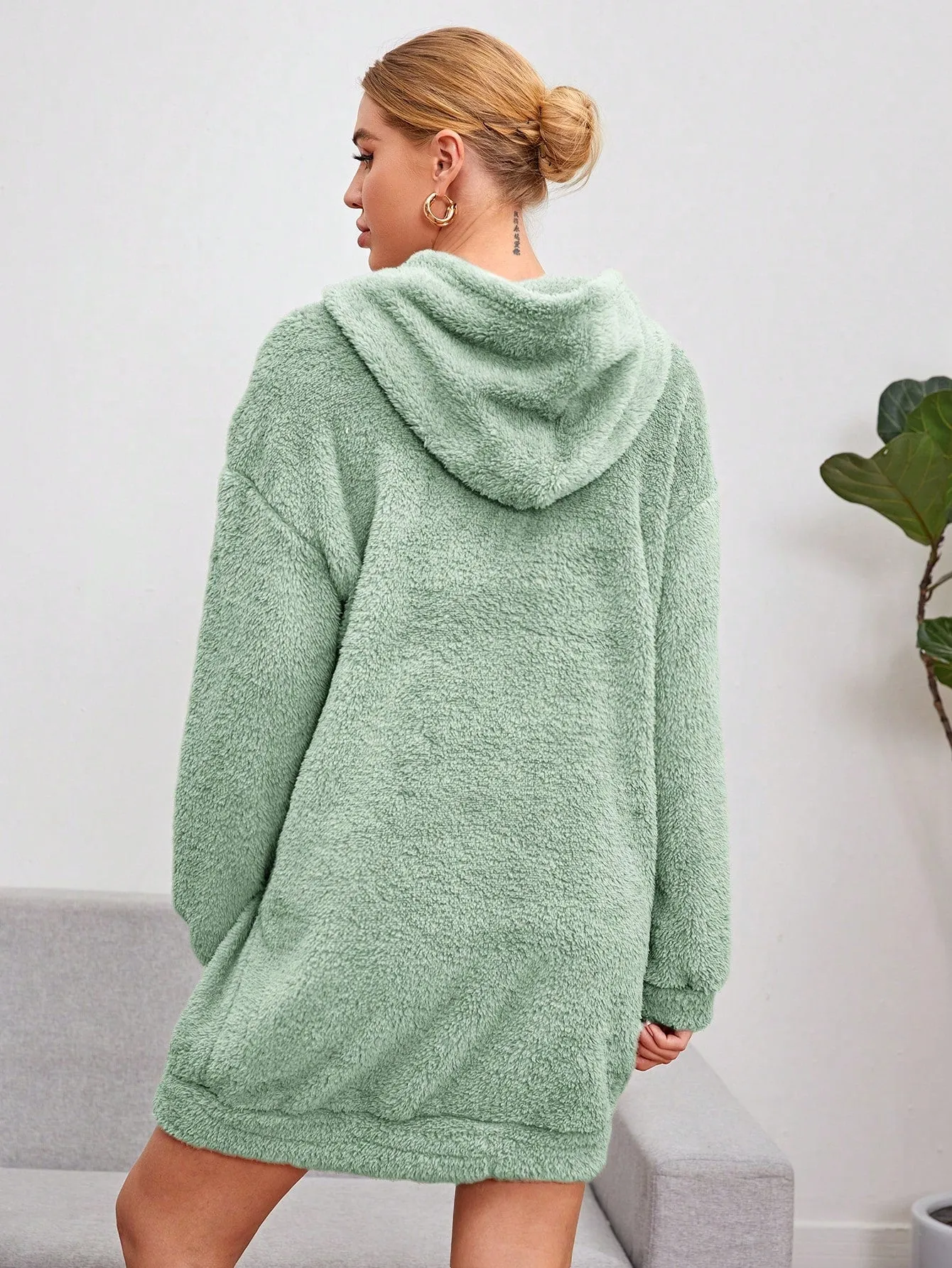 Shoulder Hooded Teddy Sweatshirt Dress