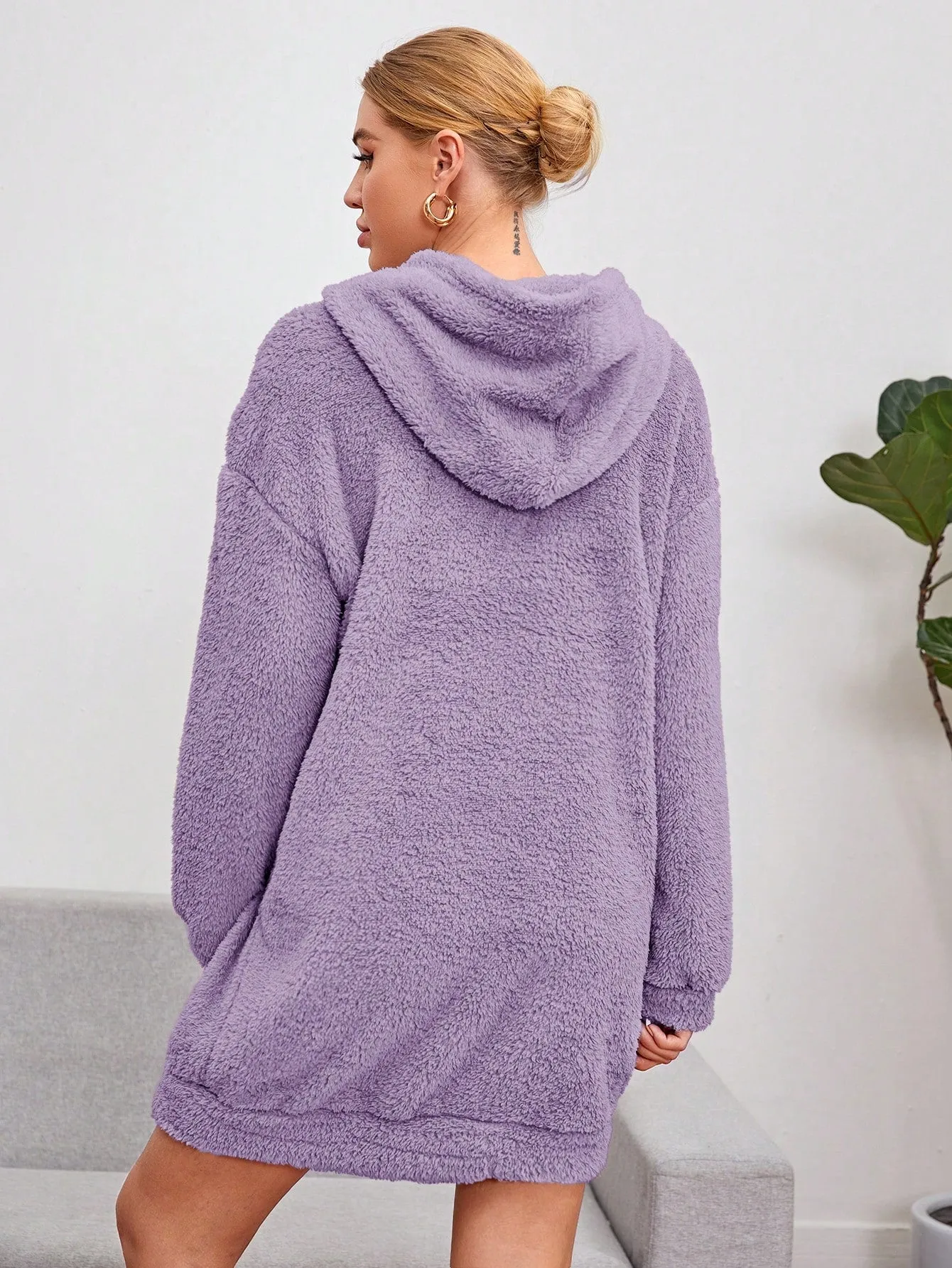 Shoulder Hooded Teddy Sweatshirt Dress