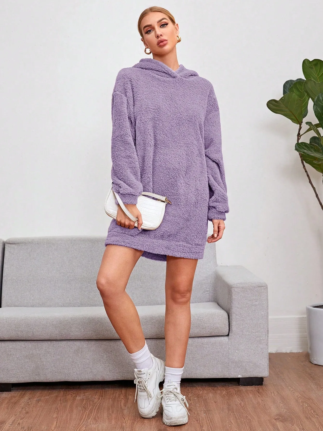 Shoulder Hooded Teddy Sweatshirt Dress