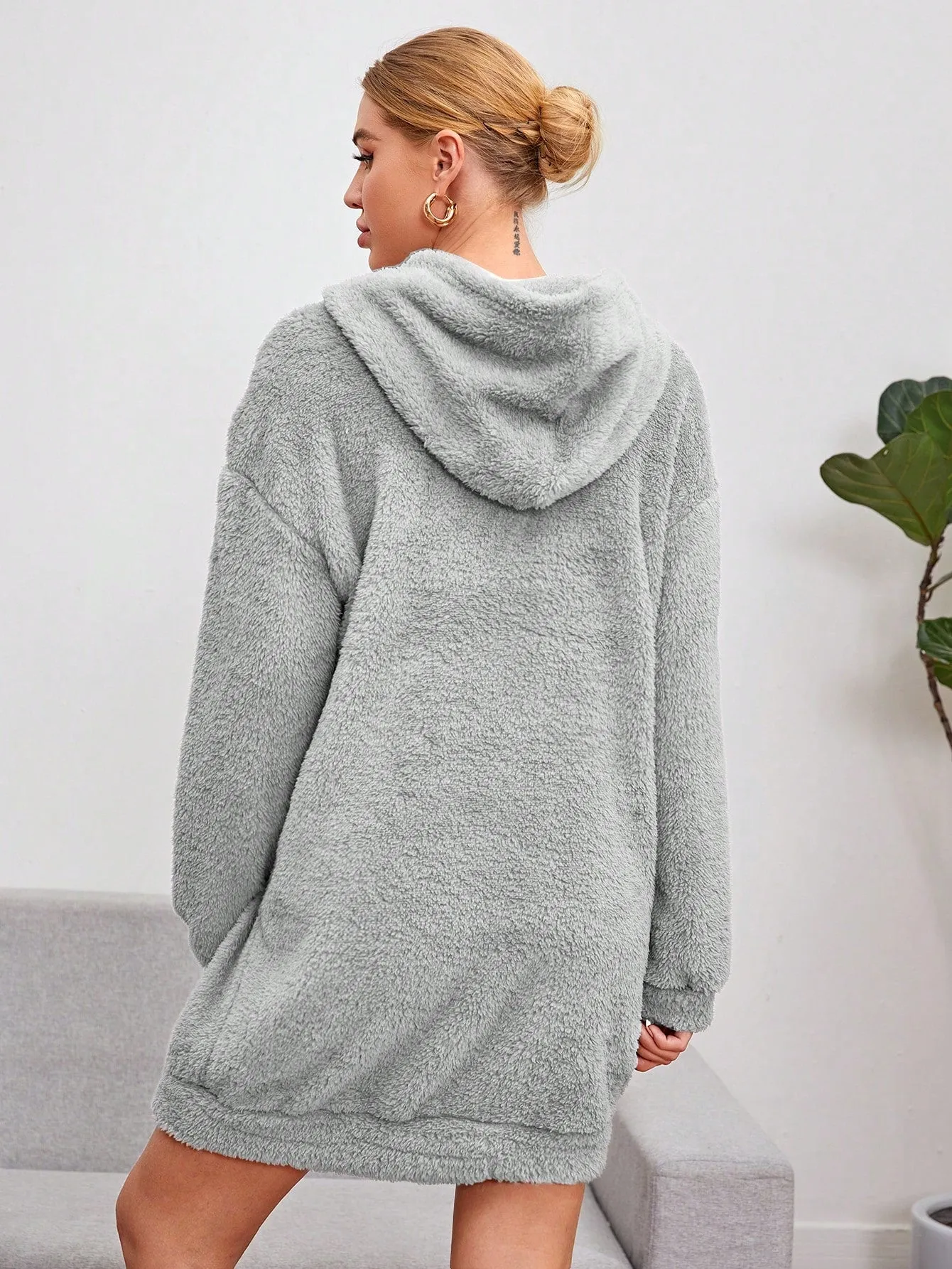 Shoulder Hooded Teddy Sweatshirt Dress