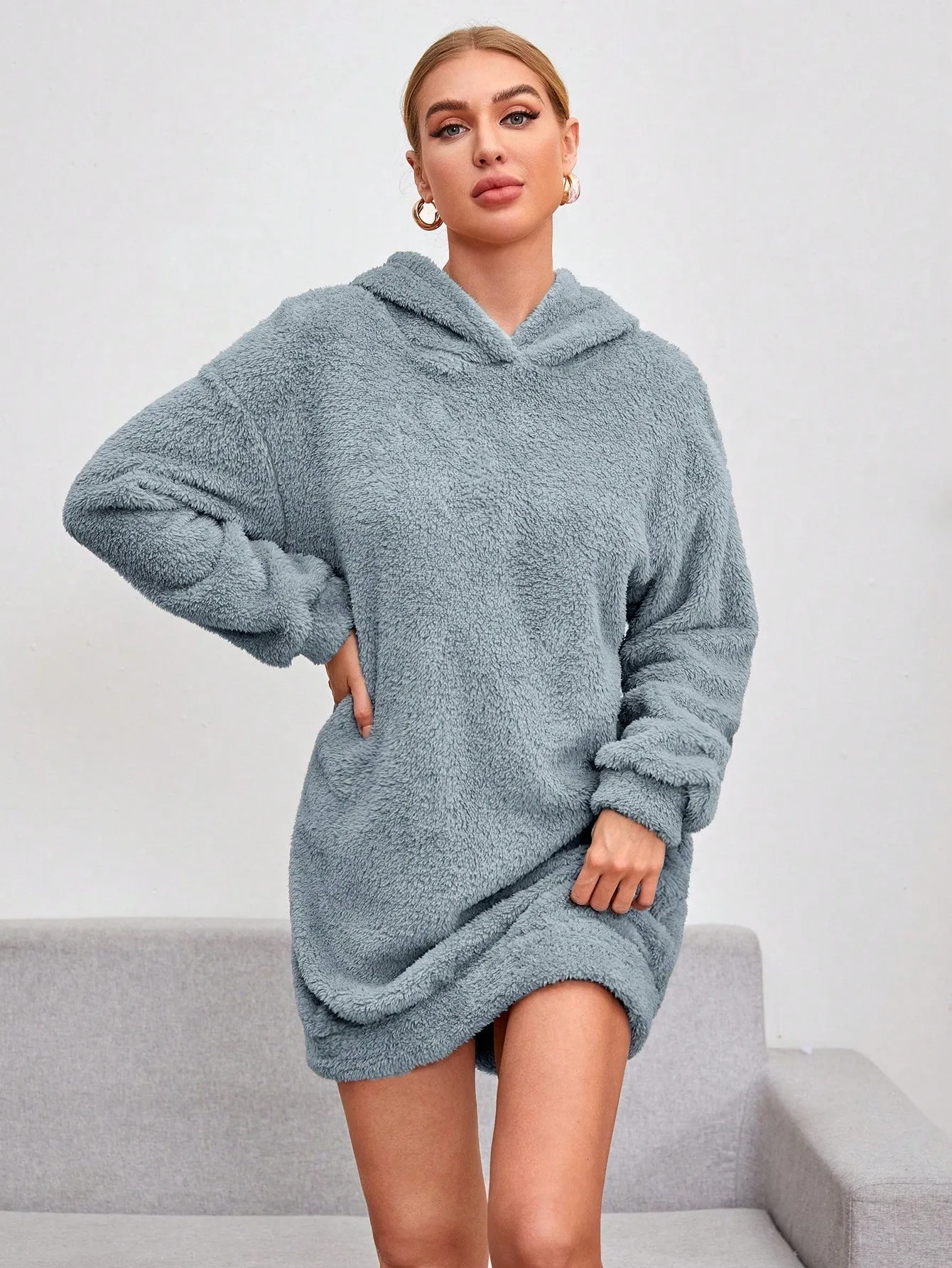 Shoulder Hooded Teddy Sweatshirt Dress