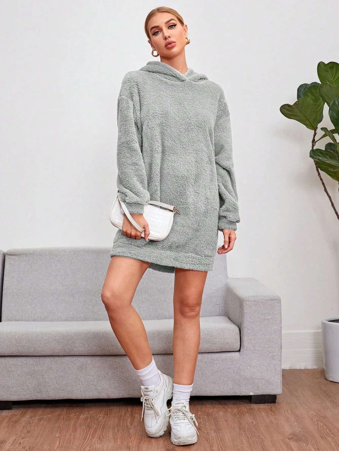 Shoulder Hooded Teddy Sweatshirt Dress