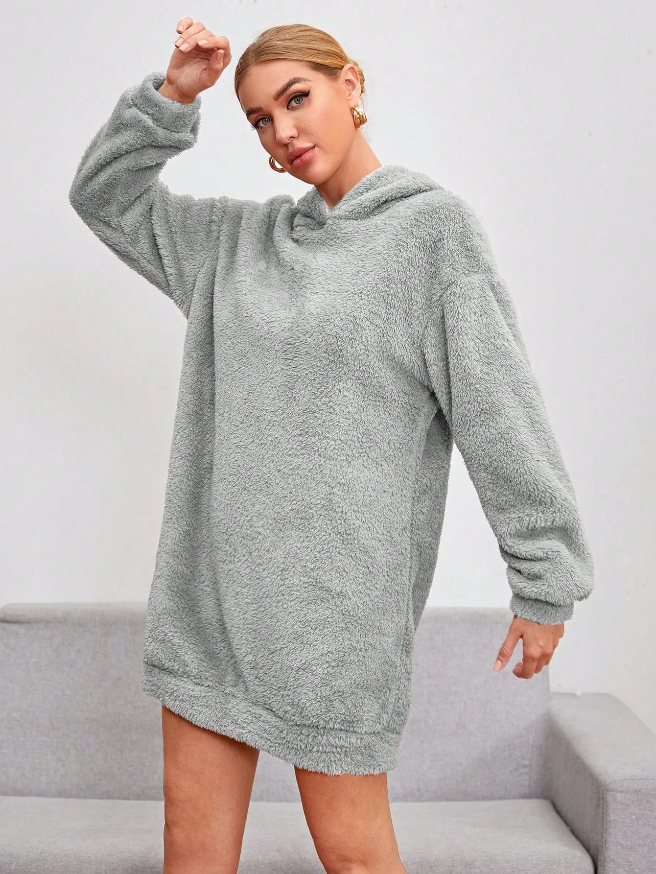 Shoulder Hooded Teddy Sweatshirt Dress