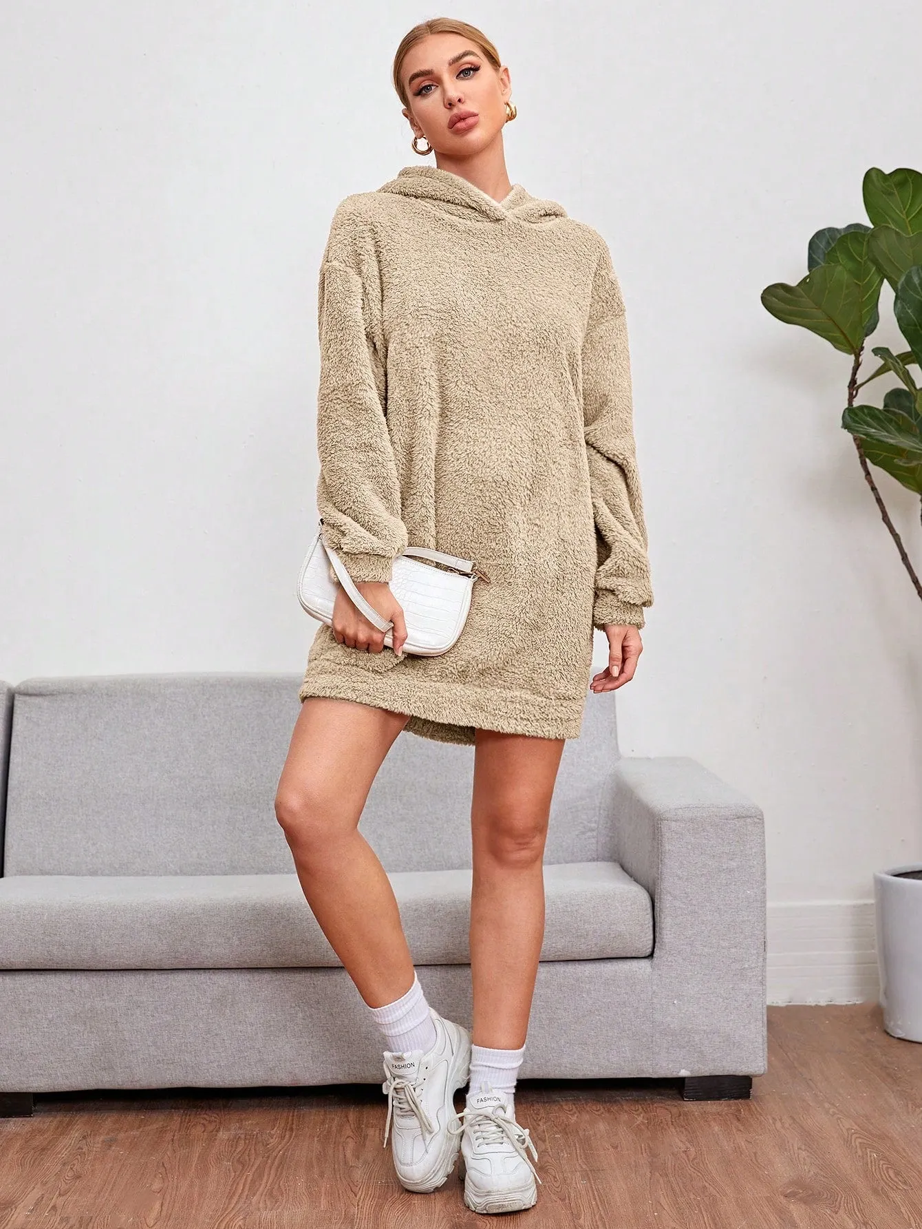 Shoulder Hooded Teddy Sweatshirt Dress