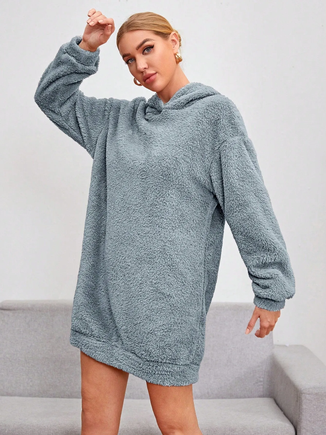 Shoulder Hooded Teddy Sweatshirt Dress