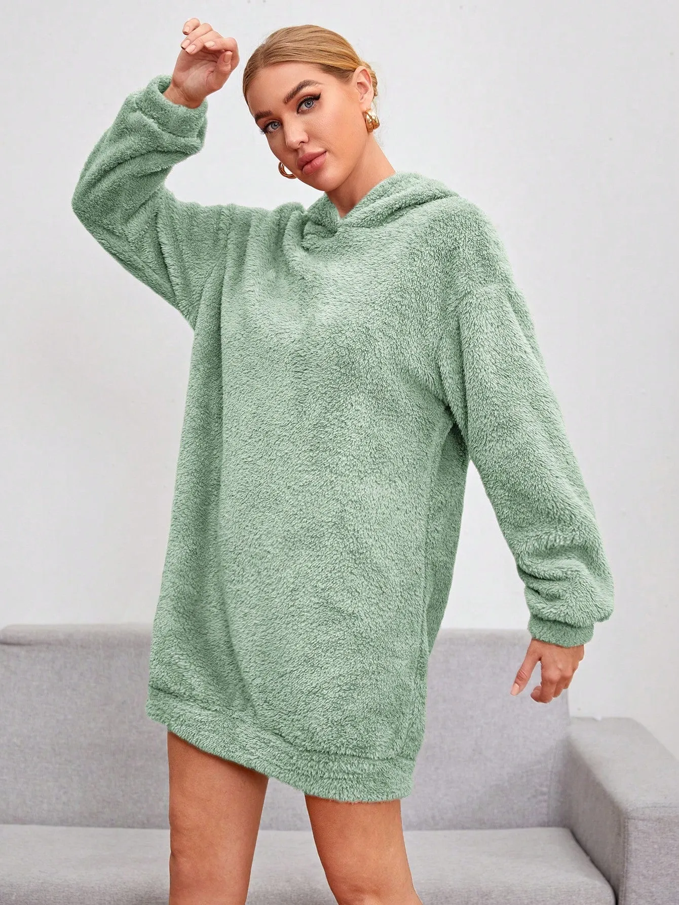 Shoulder Hooded Teddy Sweatshirt Dress