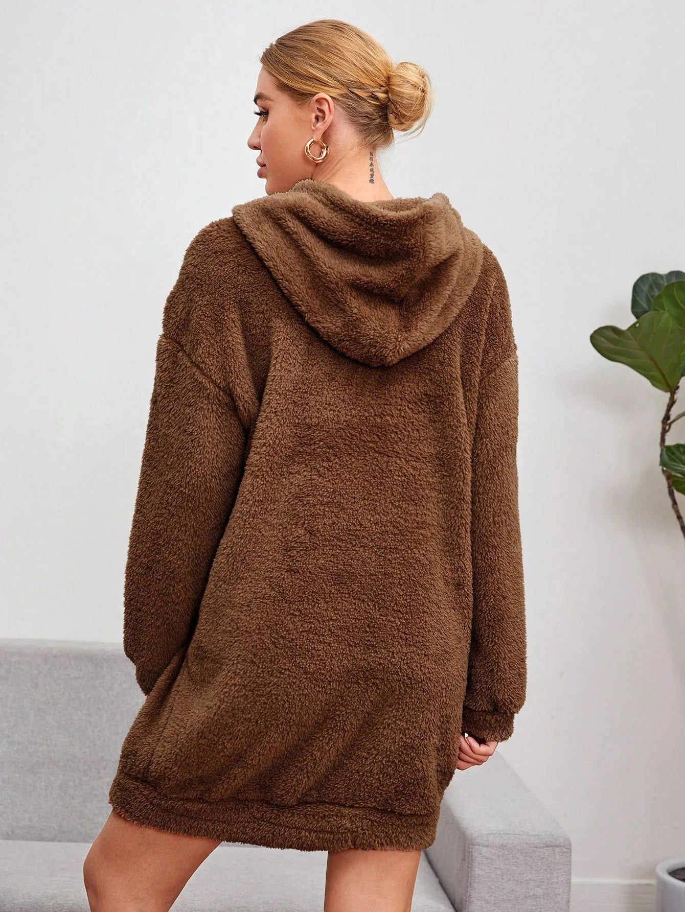 Shoulder Hooded Teddy Sweatshirt Dress