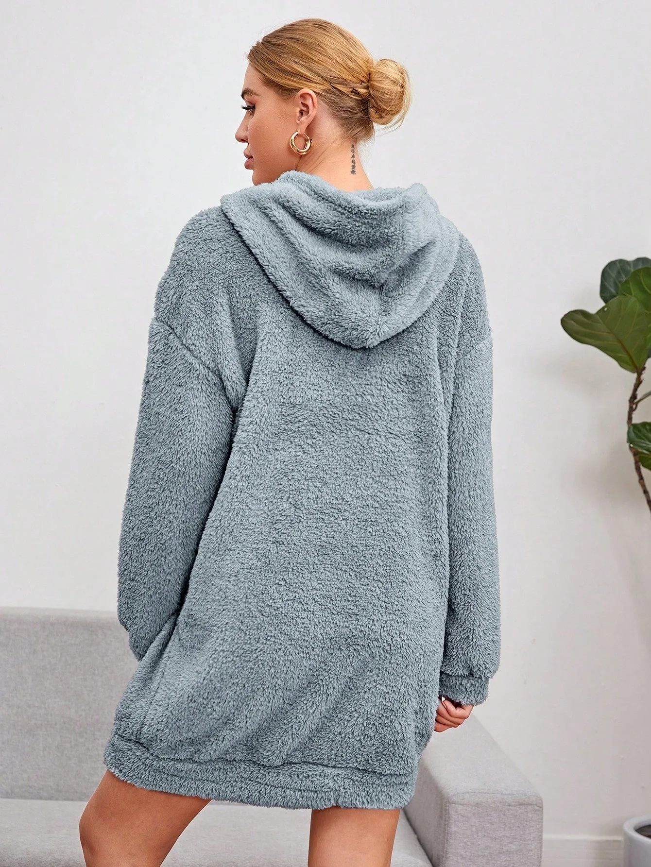 Shoulder Hooded Teddy Sweatshirt Dress